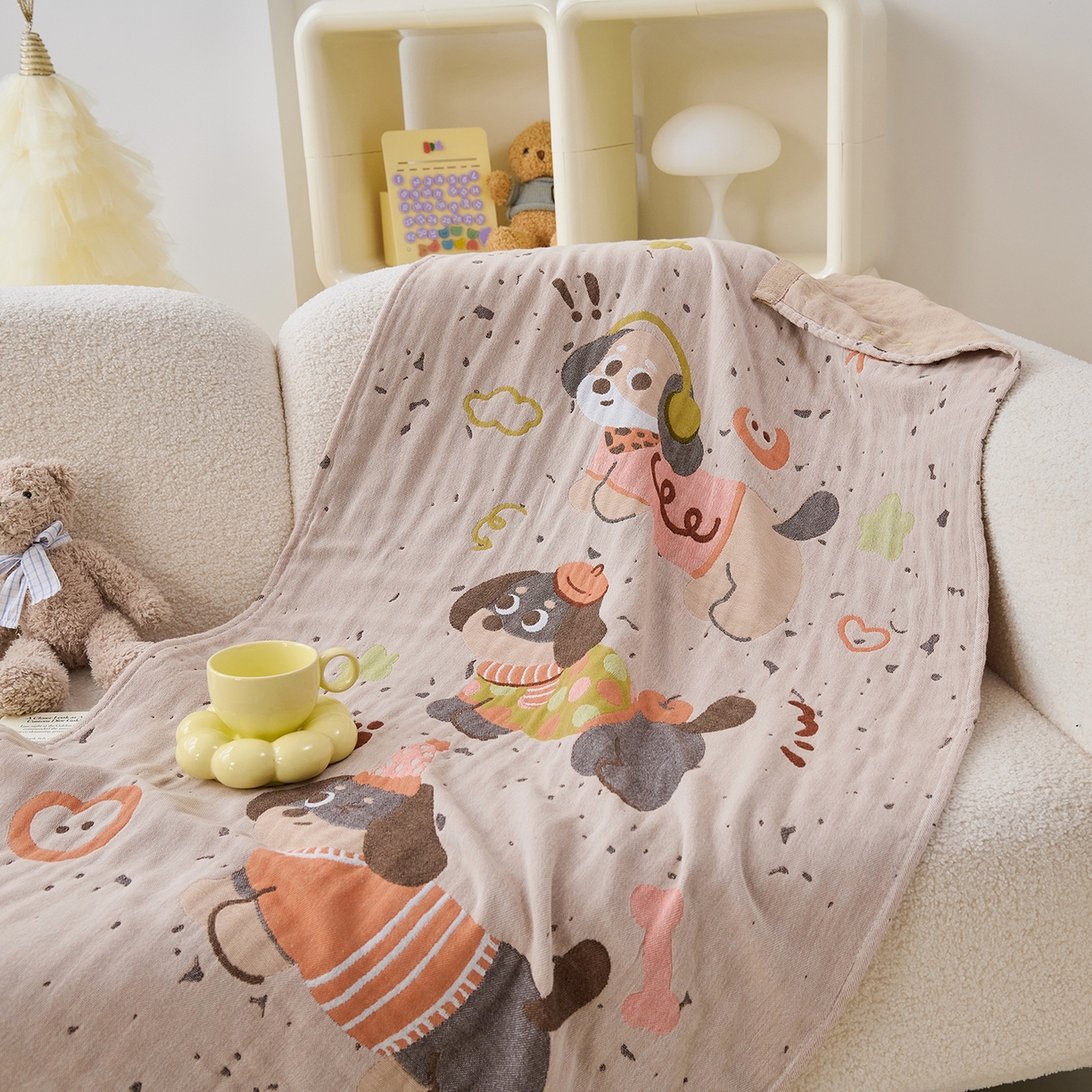 91家纺网 家纺一手货源 找家纺 棠薇家纺 2025新款全棉纱布浴巾纯棉浴巾时尚卡通色织提花四季加大浴巾擦身巾 淘气狗 160*75cm