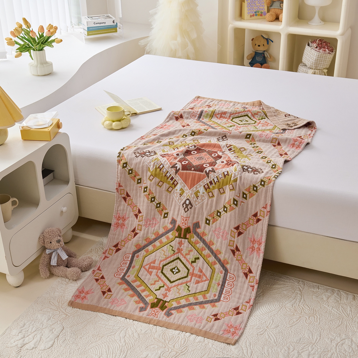 91家纺网 家纺一手货源 找家纺 棠薇家纺 2025新款全棉纱布浴巾纯棉浴巾时尚卡通色织提花四季加大浴巾擦身巾 和风 160*75cm