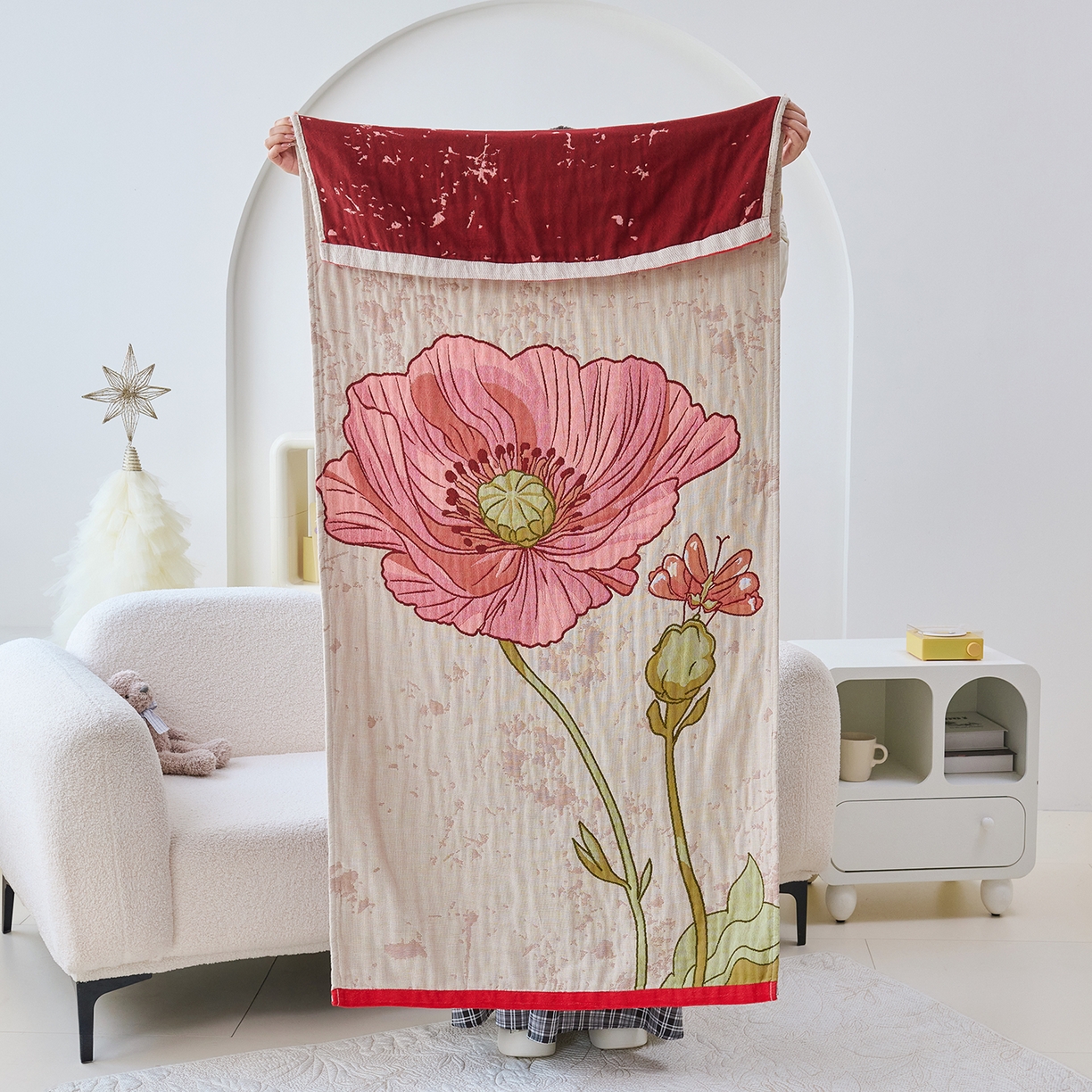 棠薇家纺 2025新款全棉纱布浴巾纯棉浴巾时尚卡通色织提花四季加大浴巾擦身巾 浪漫花语 160*75cm