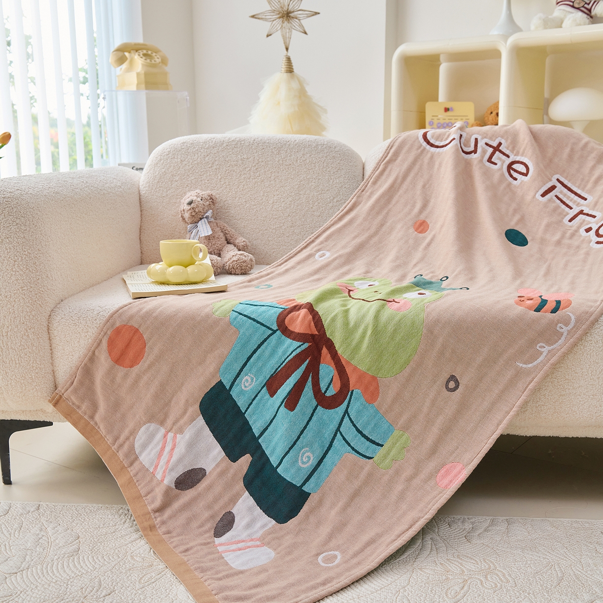 91家纺网 家纺一手货源 找家纺 棠薇家纺 2025新款全棉纱布浴巾纯棉浴巾时尚卡通色织提花四季加大浴巾擦身巾 青蛙王子 160*75cm