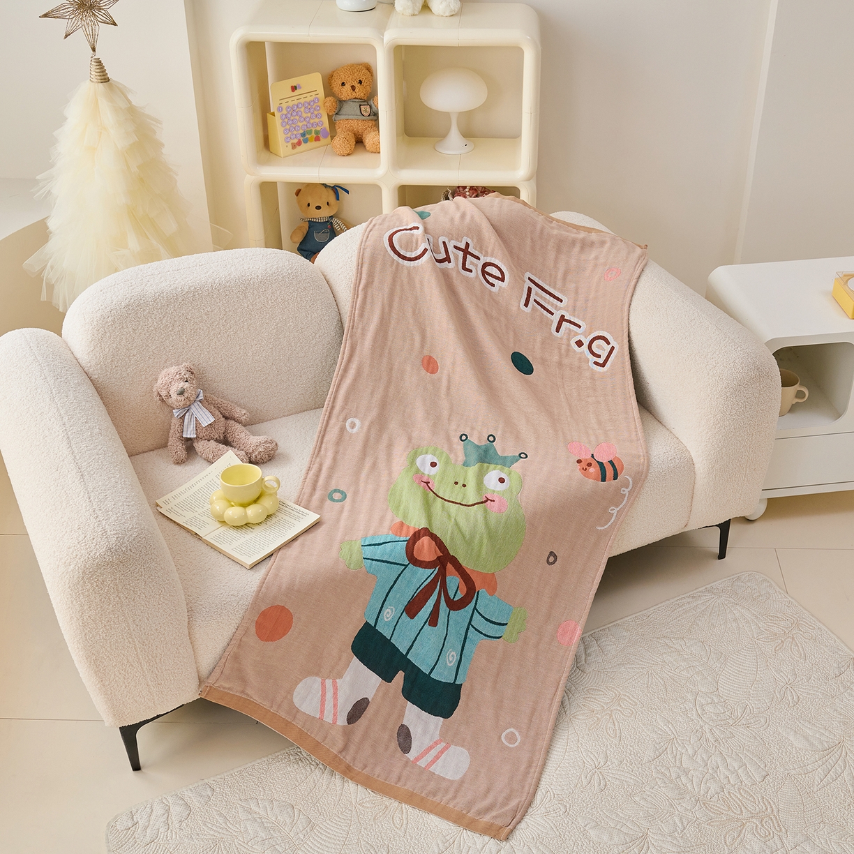 91家纺网 家纺一手货源 找家纺 棠薇家纺 2025新款全棉纱布浴巾纯棉浴巾时尚卡通色织提花四季加大浴巾擦身巾 青蛙王子 160*75cm