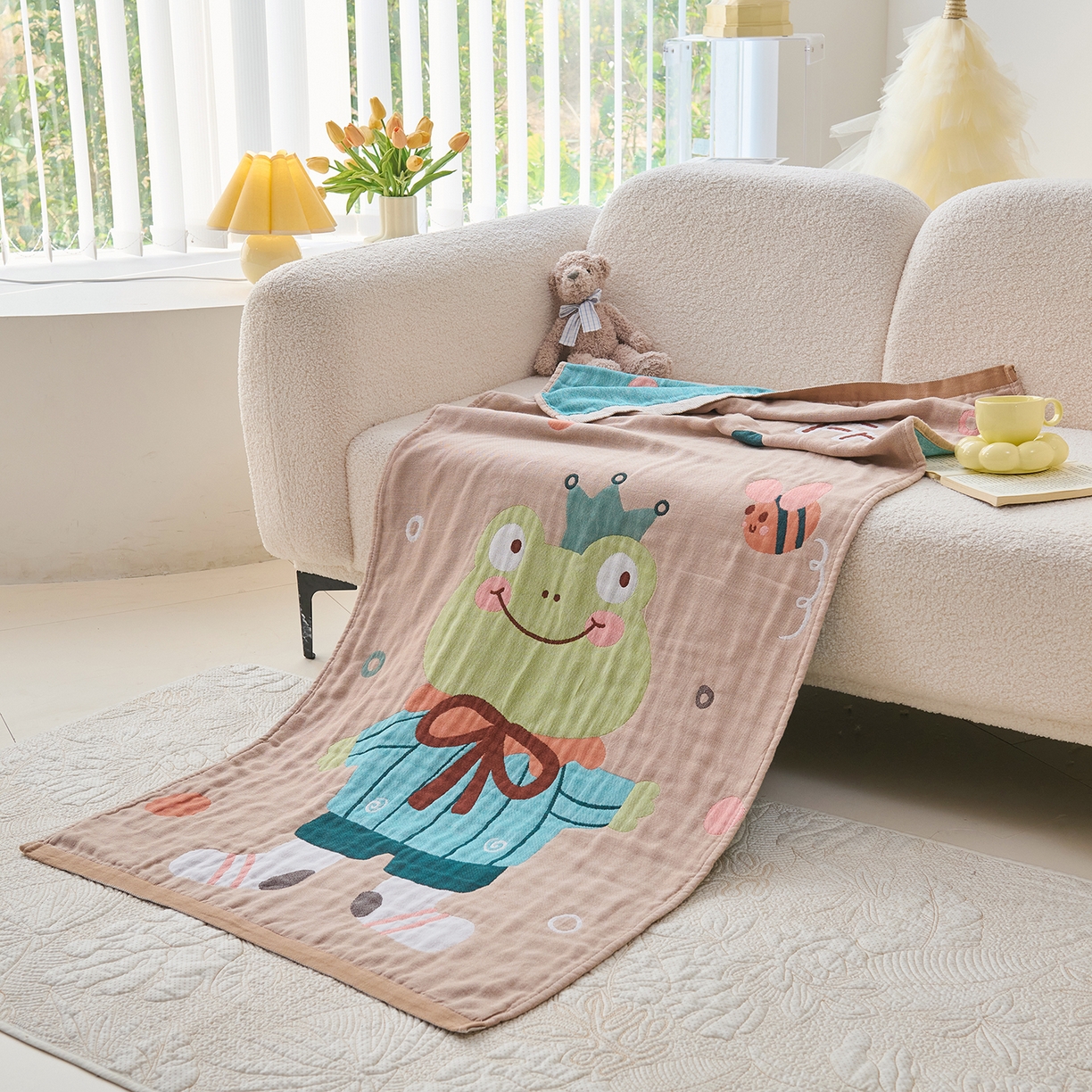 91家纺网 家纺一手货源 找家纺 棠薇家纺 2025新款全棉纱布浴巾纯棉浴巾时尚卡通色织提花四季加大浴巾擦身巾 青蛙王子 160*75cm