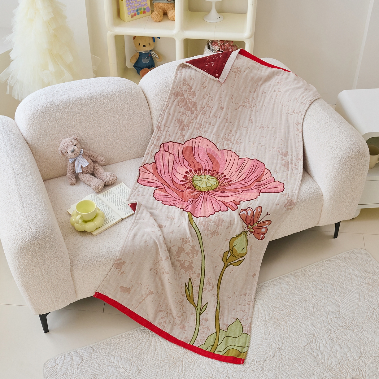 91家纺网 家纺一手货源 找家纺 棠薇家纺 2025新款全棉纱布浴巾纯棉浴巾时尚卡通色织提花四季加大浴巾擦身巾 浪漫花语 160*75cm