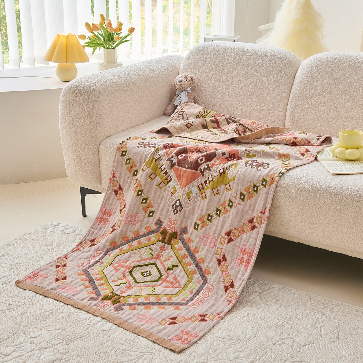 91家纺网 家纺一手货源 找家纺 棠薇家纺 2025新款全棉纱布浴巾纯棉浴巾时尚卡通色织提花四季加大浴巾擦身巾 和风 160*75cm