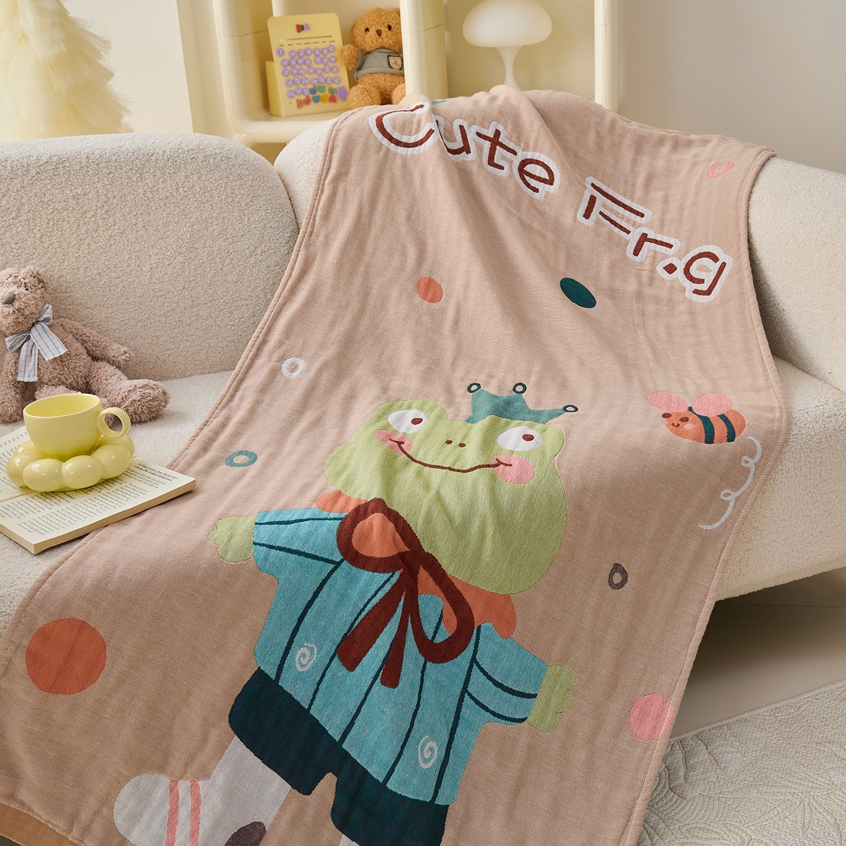 91家纺网 家纺一手货源 找家纺 棠薇家纺 2025新款全棉纱布浴巾纯棉浴巾时尚卡通色织提花四季加大浴巾擦身巾 青蛙王子 160*75cm