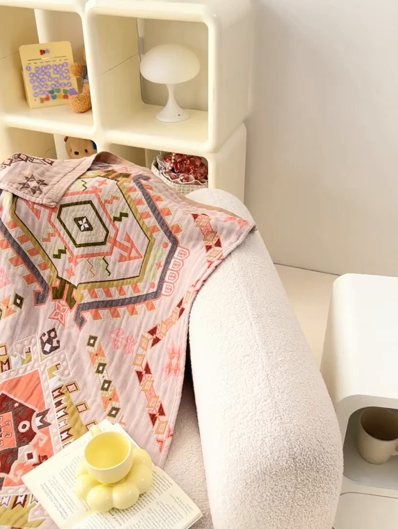 91家纺网 家纺一手货源 找家纺 棠薇家纺 2025新款全棉纱布浴巾纯棉浴巾时尚卡通色织提花四季加大浴巾擦身巾 和风 160*75cm