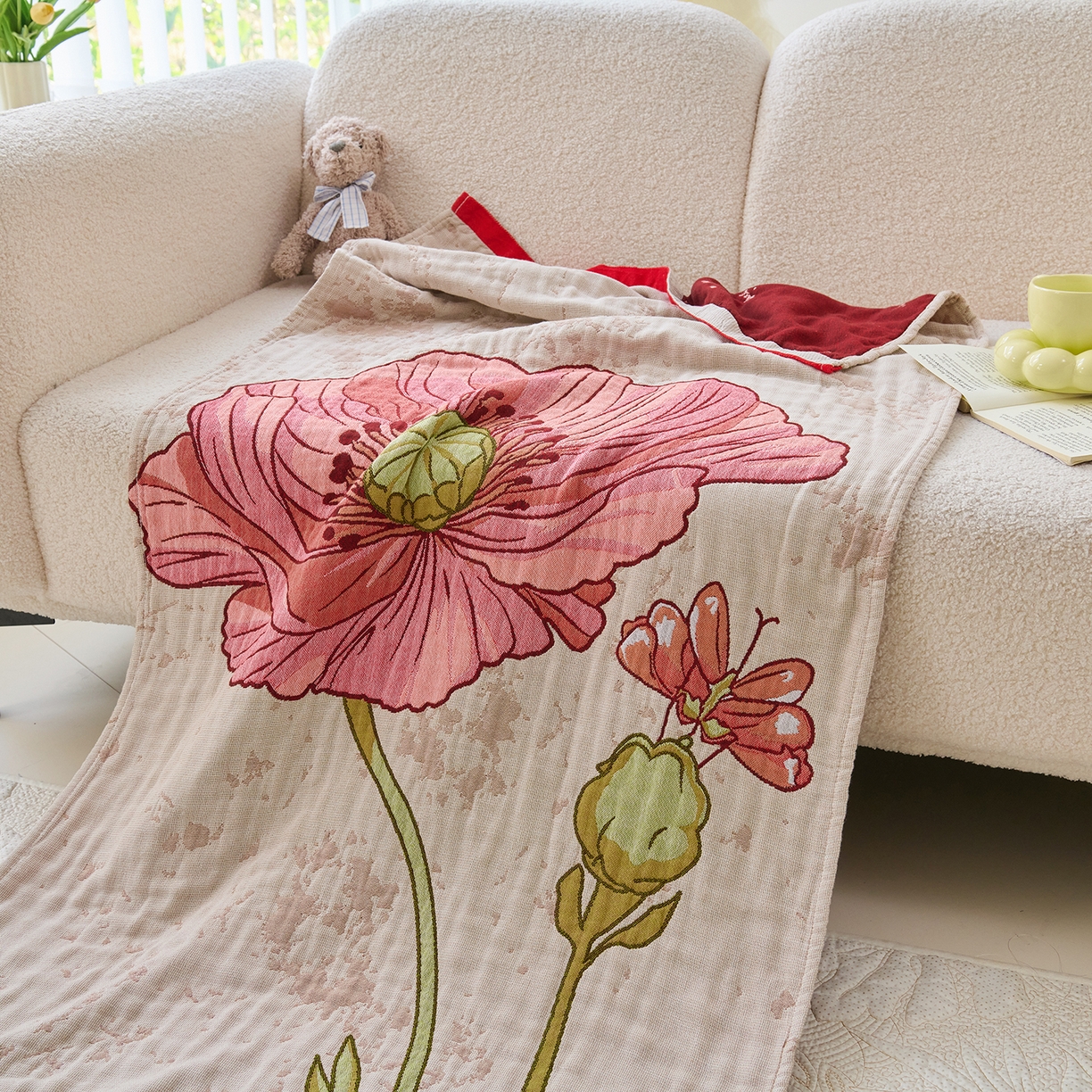 91家纺网 家纺一手货源 找家纺 棠薇家纺 2025新款全棉纱布浴巾纯棉浴巾时尚卡通色织提花四季加大浴巾擦身巾 浪漫花语 160*75cm