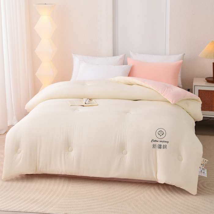 91家纺网 家纺一手货源 找家纺 寝美资家居 2025新款水冼棉新疆棉花被被子被芯 棉花-白+粉