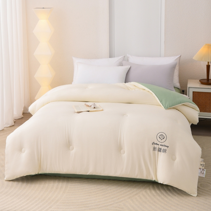 91家纺网 家纺一手货源 找家纺 寝美资家居 2025新款水冼棉新疆棉花被被子被芯 棉花-白+绿