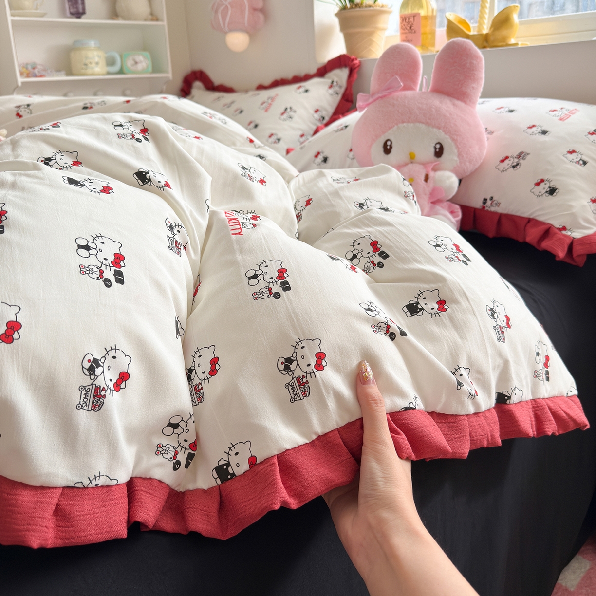 91家纺网 家纺一手货源 找家纺 星禾优选 2025新款三丽鸥加厚水洗双层纱花边款四件套 ky贩卖机