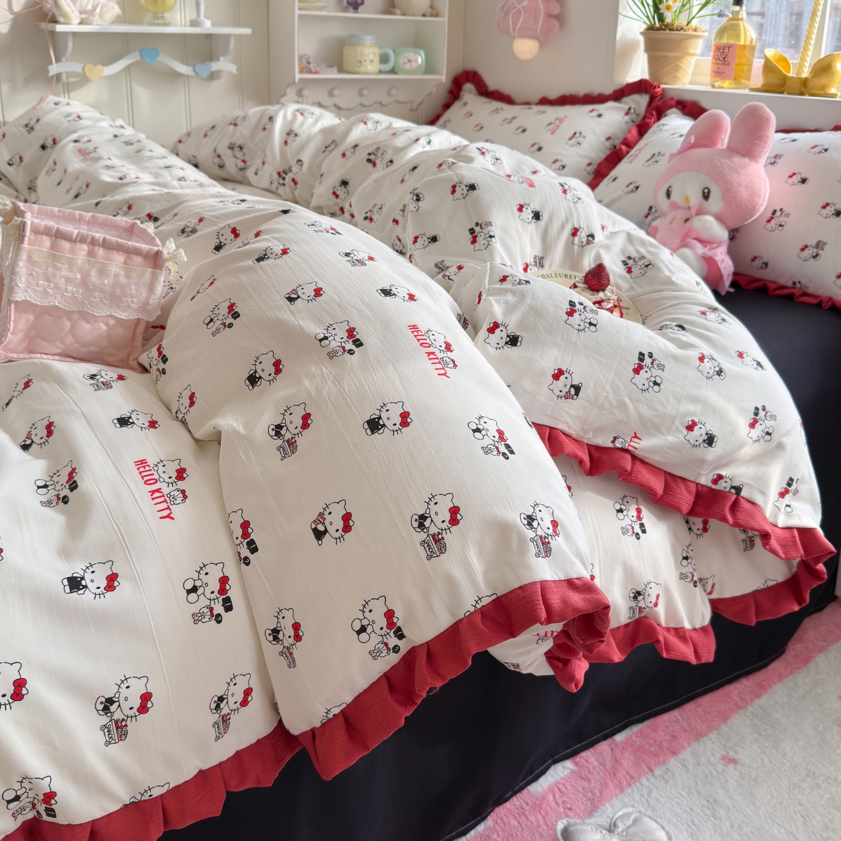 91家纺网 家纺一手货源 找家纺 星禾优选 2025新款三丽鸥加厚水洗双层纱花边款四件套 ky贩卖机