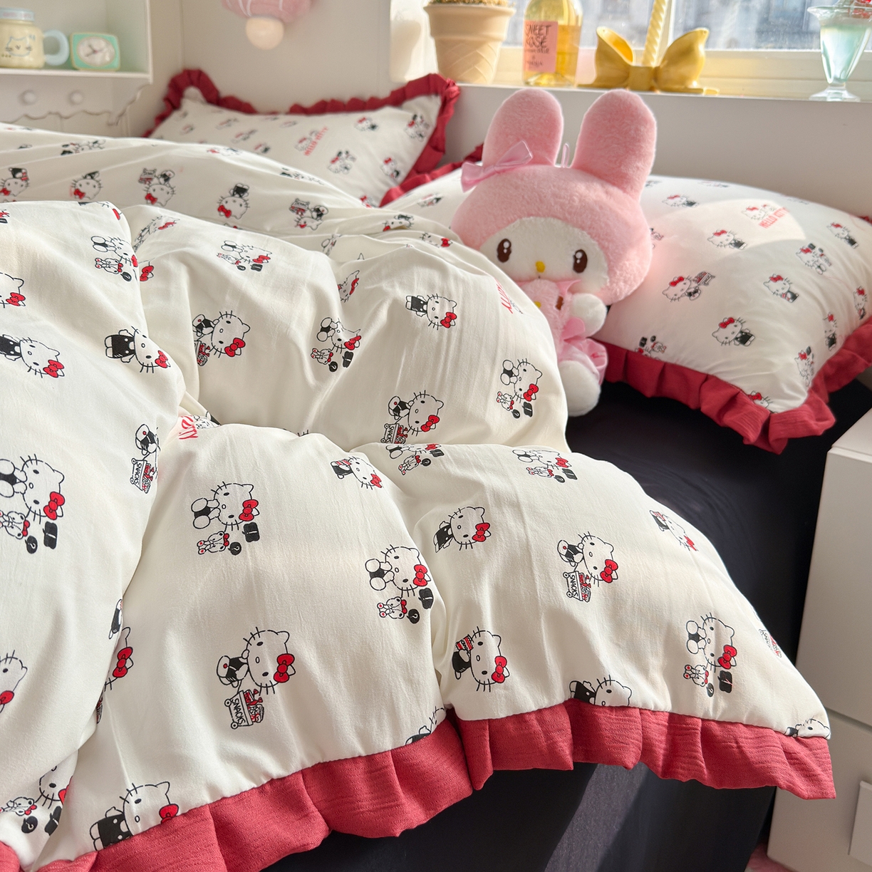 91家纺网 家纺一手货源 找家纺 星禾优选 2025新款三丽鸥加厚水洗双层纱花边款四件套 ky贩卖机