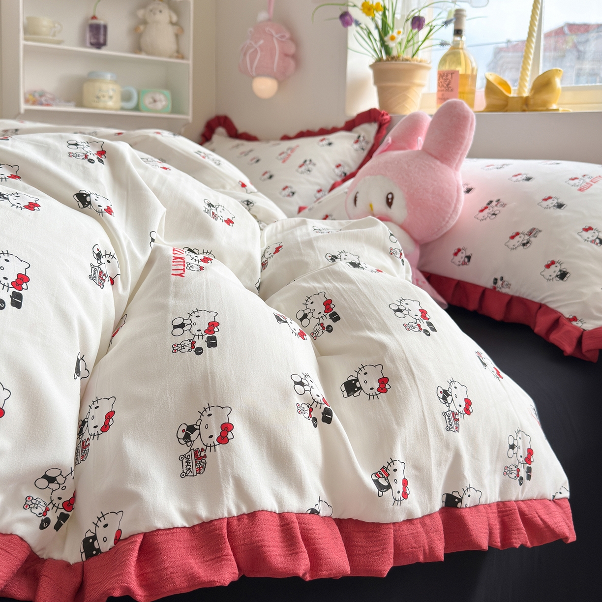 91家纺网 家纺一手货源 找家纺 星禾优选 2025新款三丽鸥加厚水洗双层纱花边款四件套 ky贩卖机