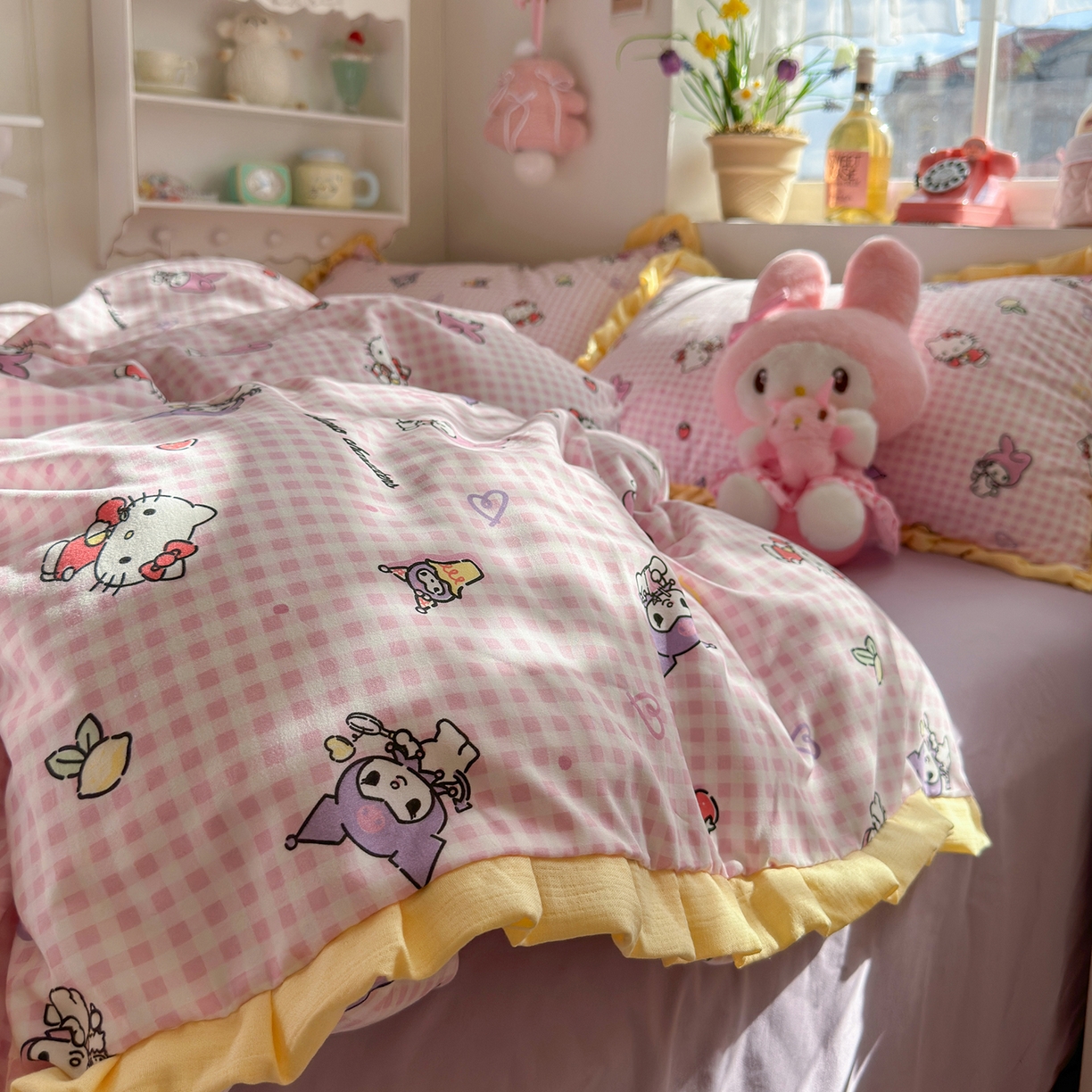 91家纺网 家纺一手货源 找家纺 星禾优选 2025新款三丽鸥加厚水洗双层纱花边款四件套 千层家族