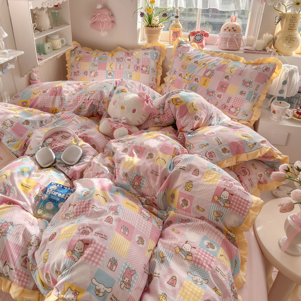 91家纺网 家纺一手货源 找家纺 星禾优选 2025新款三丽鸥加厚水洗双层纱花边款四件套 面包集合