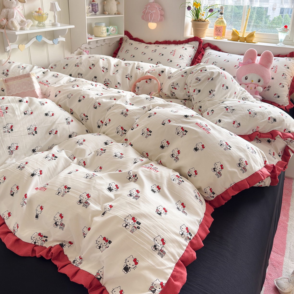 91家纺网 家纺一手货源 找家纺 星禾优选 2025新款三丽鸥加厚水洗双层纱花边款四件套 ky贩卖机