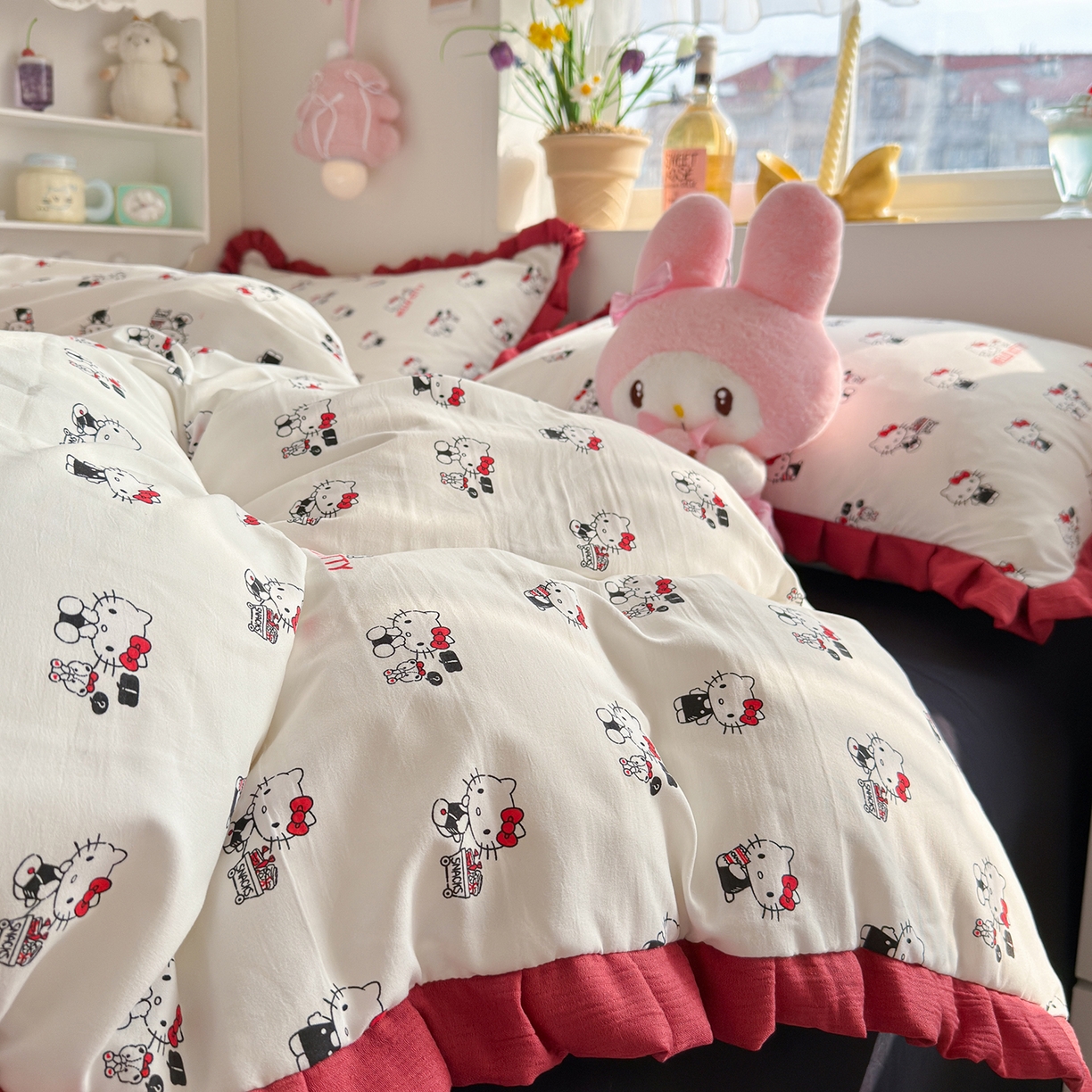 91家纺网 家纺一手货源 找家纺 星禾优选 2025新款三丽鸥加厚水洗双层纱花边款四件套 ky贩卖机