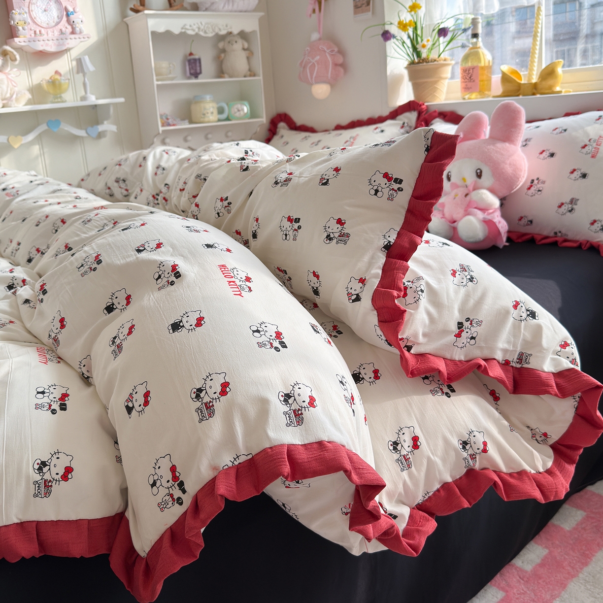 91家纺网 家纺一手货源 找家纺 星禾优选 2025新款三丽鸥加厚水洗双层纱花边款四件套 ky贩卖机