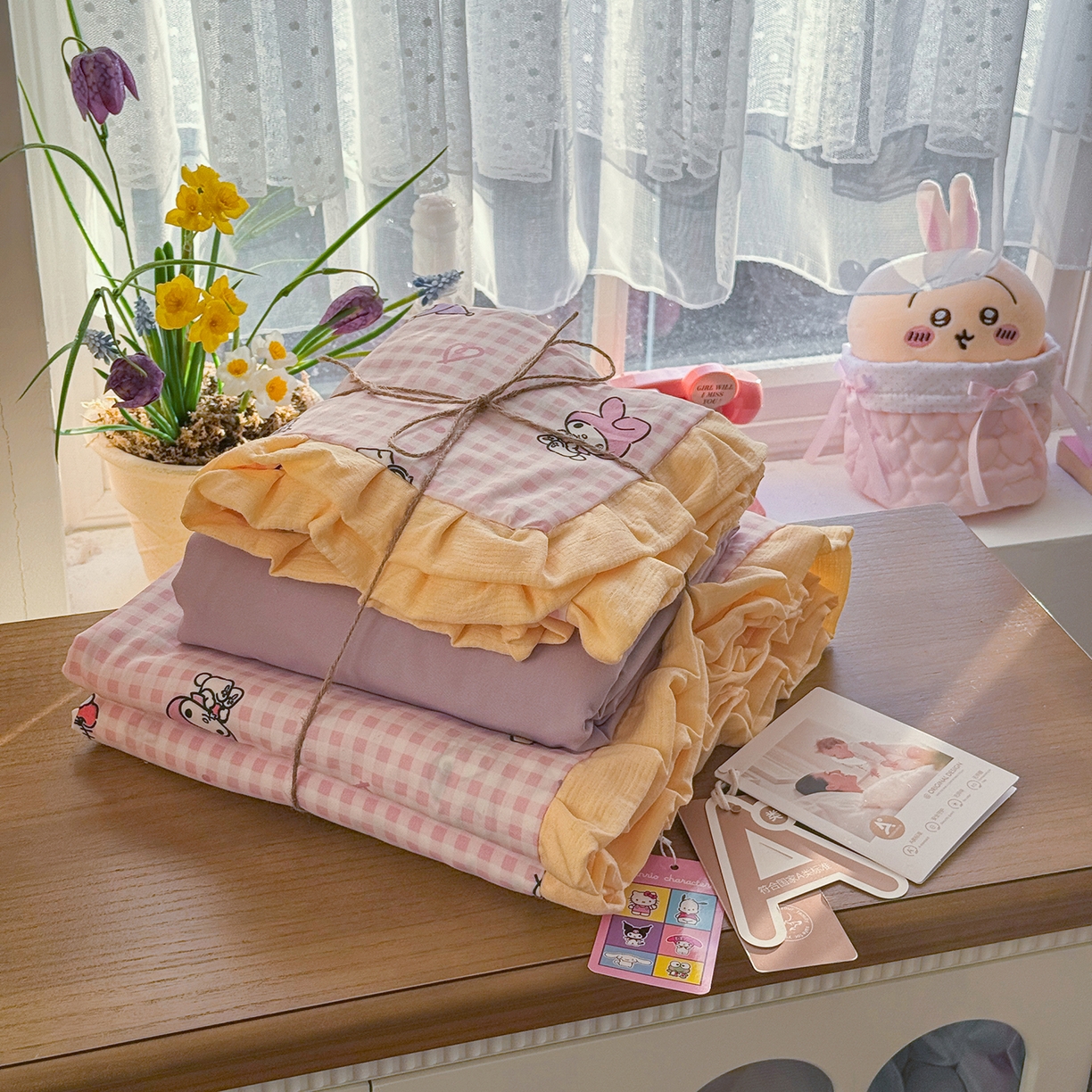 星禾优选 2025新款三丽鸥加厚水洗双层纱花边款四件套 千层家族