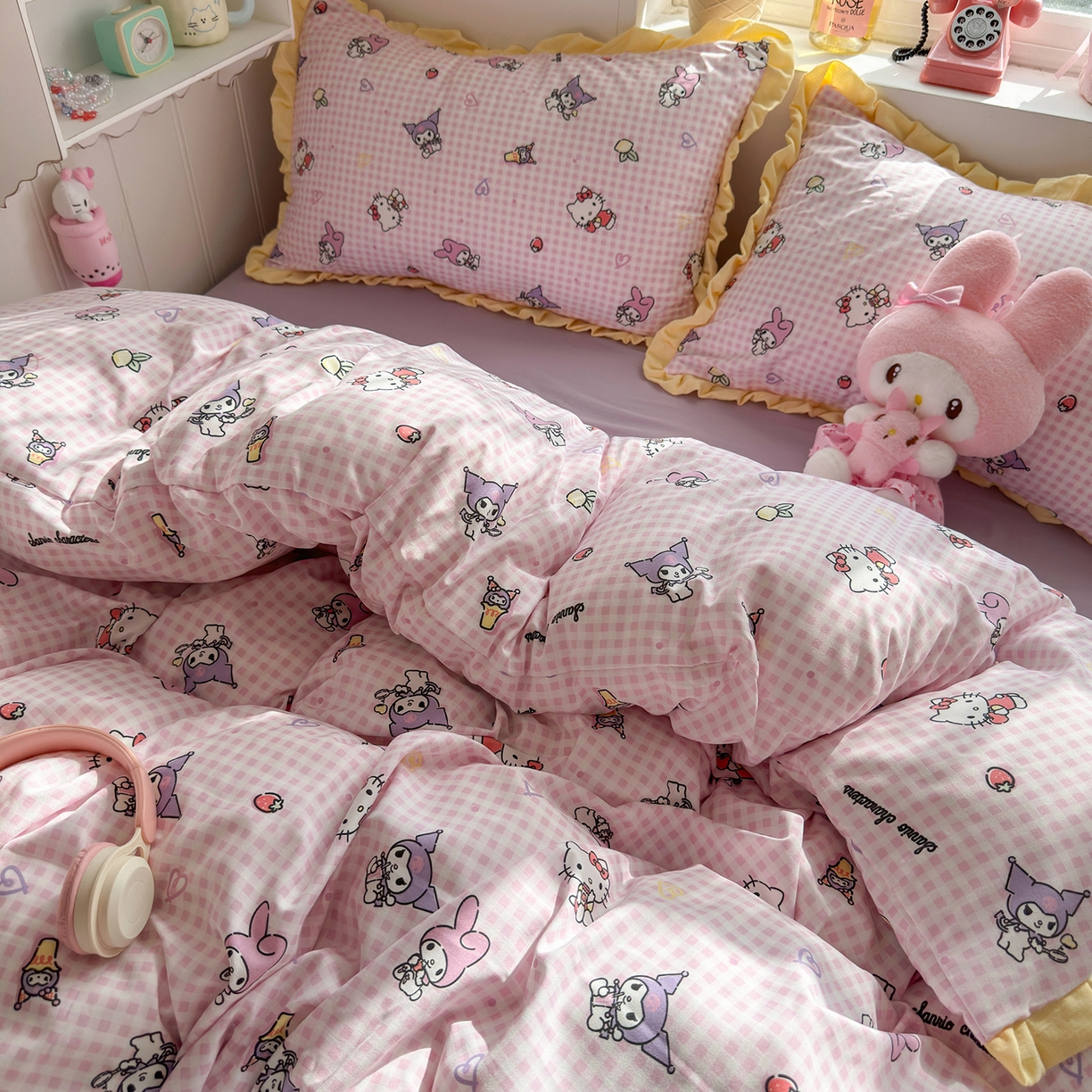 91家纺网 家纺一手货源 找家纺 星禾优选 2025新款三丽鸥加厚水洗双层纱花边款四件套 千层家族