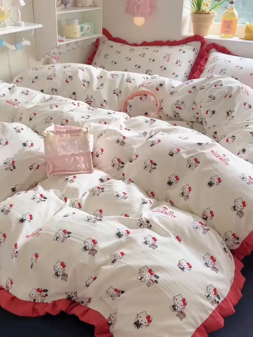 91家纺网 家纺一手货源 找家纺 星禾优选 2025新款三丽鸥加厚水洗双层纱花边款四件套 ky贩卖机