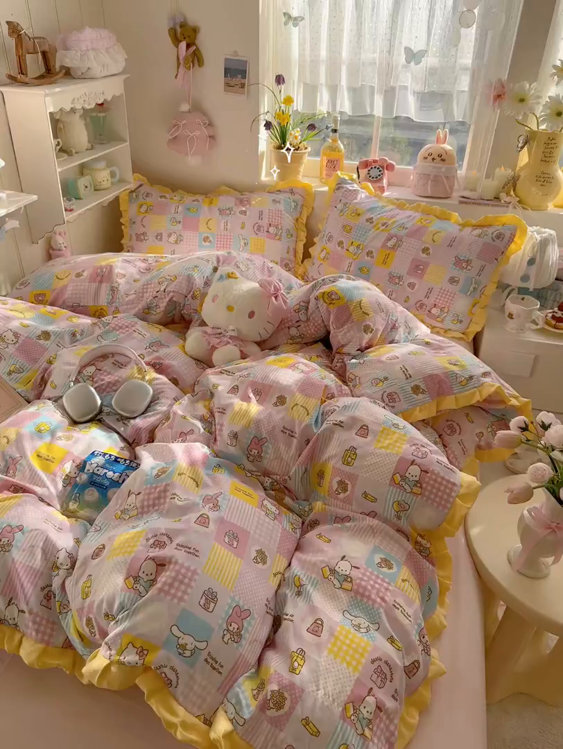 91家纺网 家纺一手货源 找家纺 星禾优选 2025新款三丽鸥加厚水洗双层纱花边款四件套 面包集合