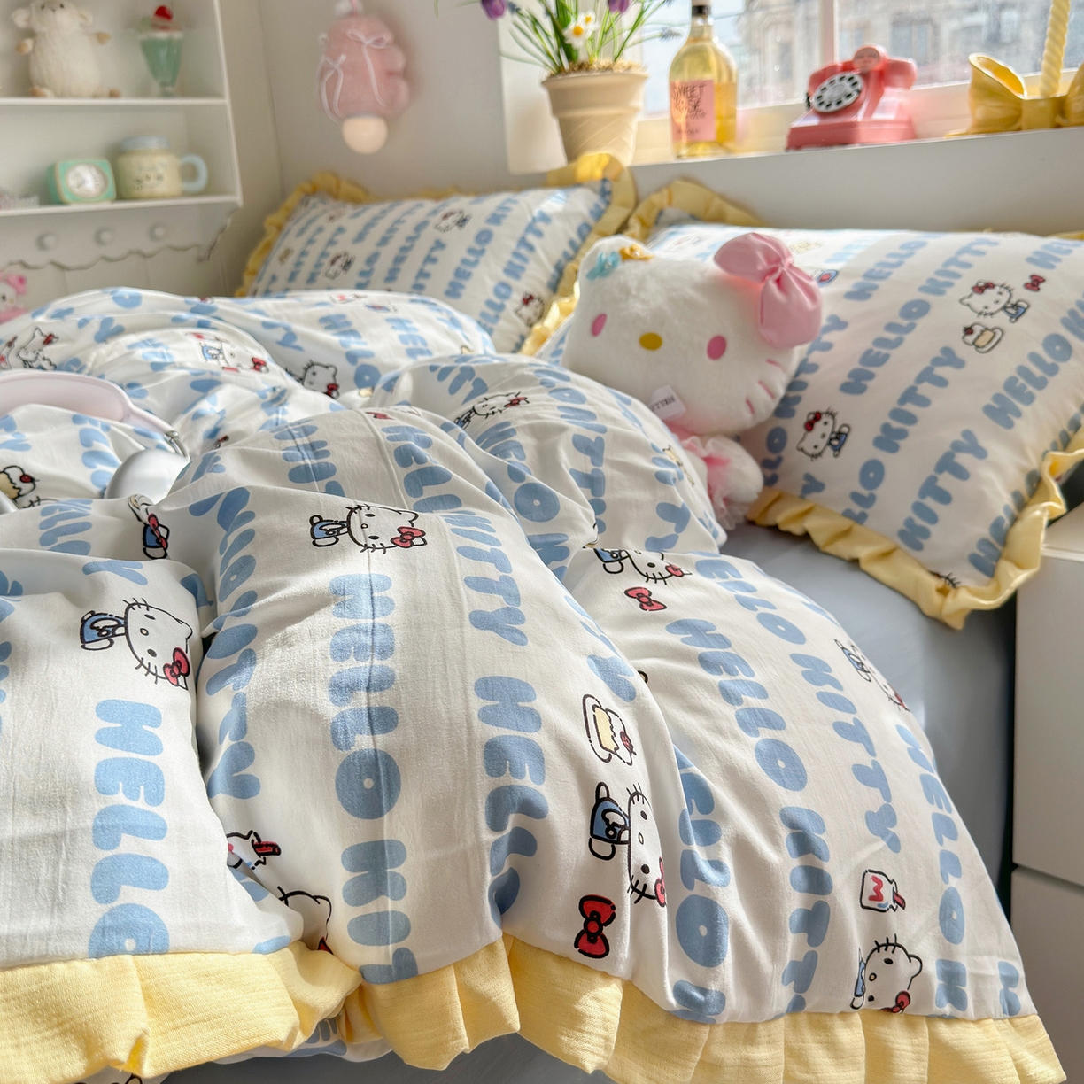 91家纺网 家纺一手货源 找家纺 星禾优选 2025新款三丽鸥加厚水洗双层纱花边款四件套 kt酪-蓝