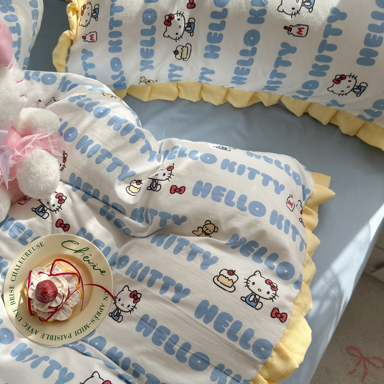 91家纺网 家纺一手货源 找家纺 星禾优选 2025新款三丽鸥加厚水洗双层纱花边款四件套 kt酪-蓝