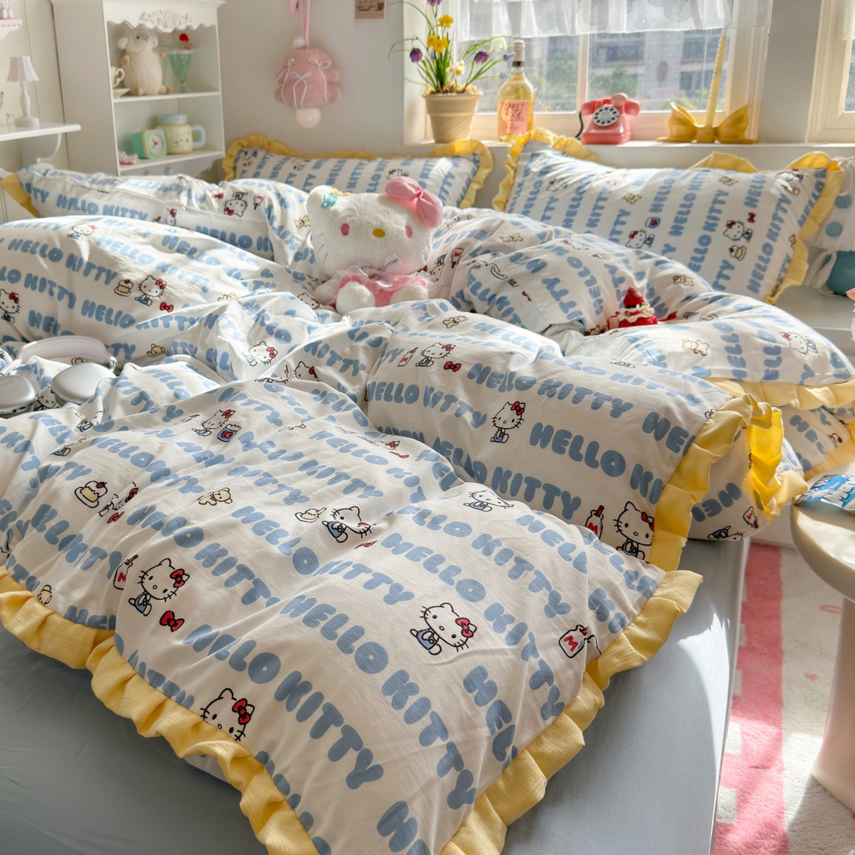 91家纺网 家纺一手货源 找家纺 星禾优选 2025新款三丽鸥加厚水洗双层纱花边款四件套 kt酪-蓝