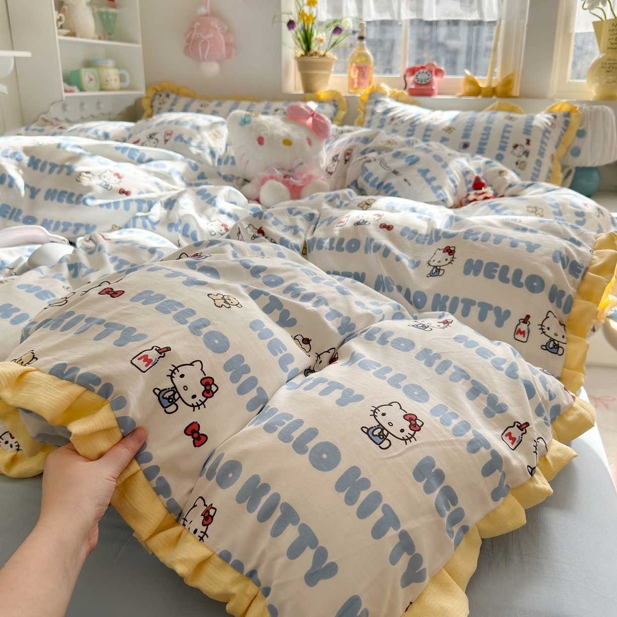 91家纺网 家纺一手货源 找家纺 星禾优选 2025新款三丽鸥加厚水洗双层纱花边款四件套 kt酪-蓝