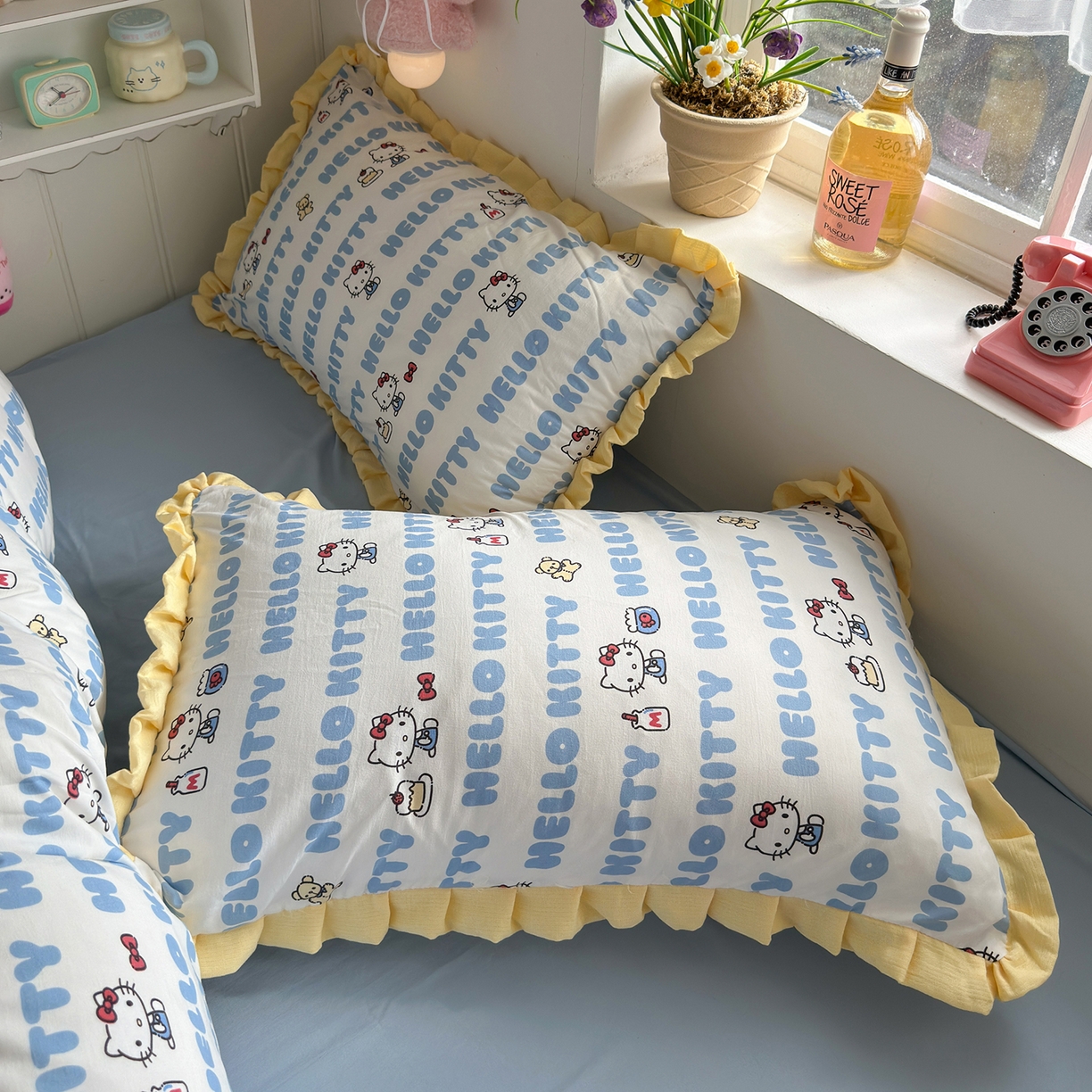 91家纺网 家纺一手货源 找家纺 星禾优选 2025新款三丽鸥加厚水洗双层纱花边款四件套 kt酪-蓝