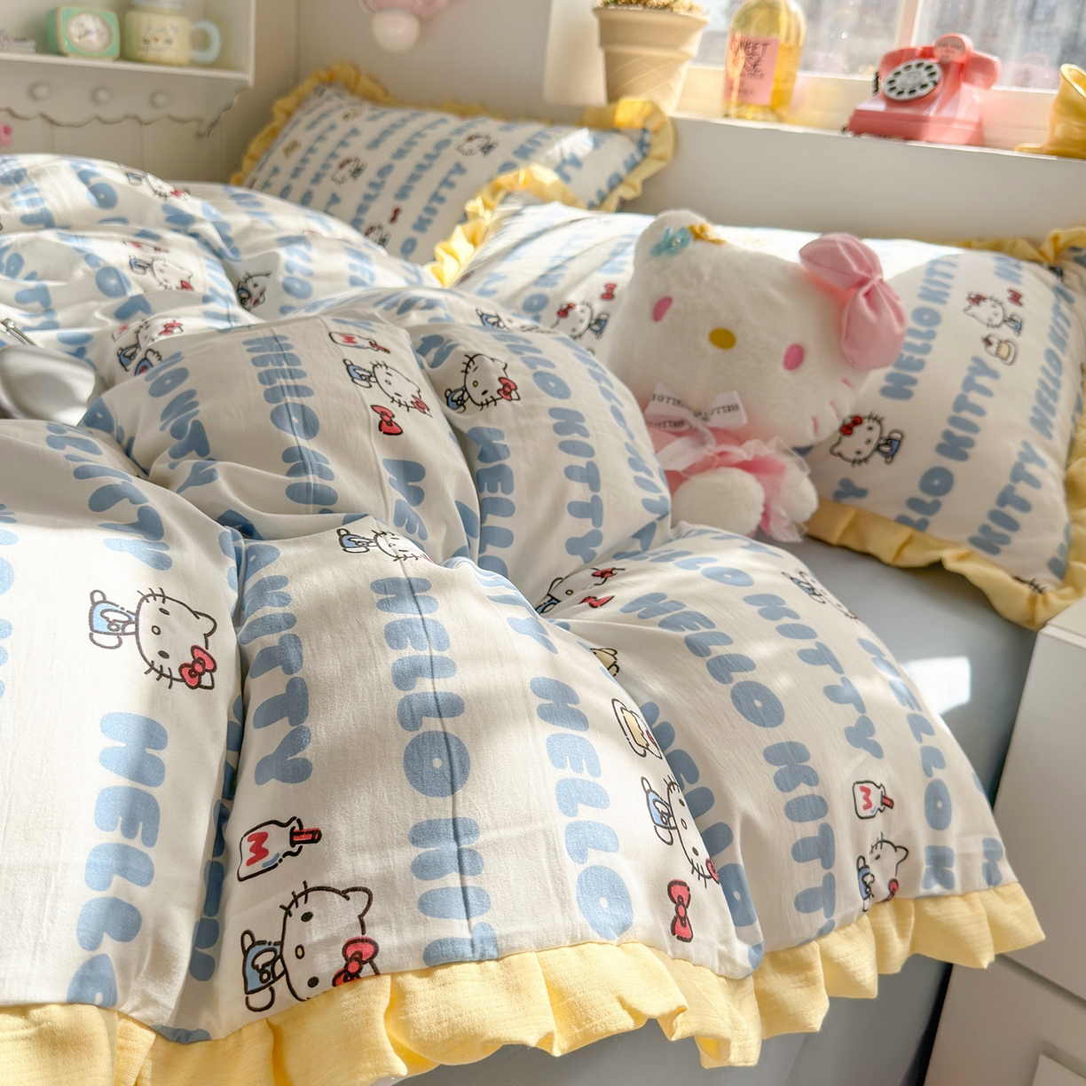 91家纺网 家纺一手货源 找家纺 星禾优选 2025新款三丽鸥加厚水洗双层纱花边款四件套 kt酪-蓝