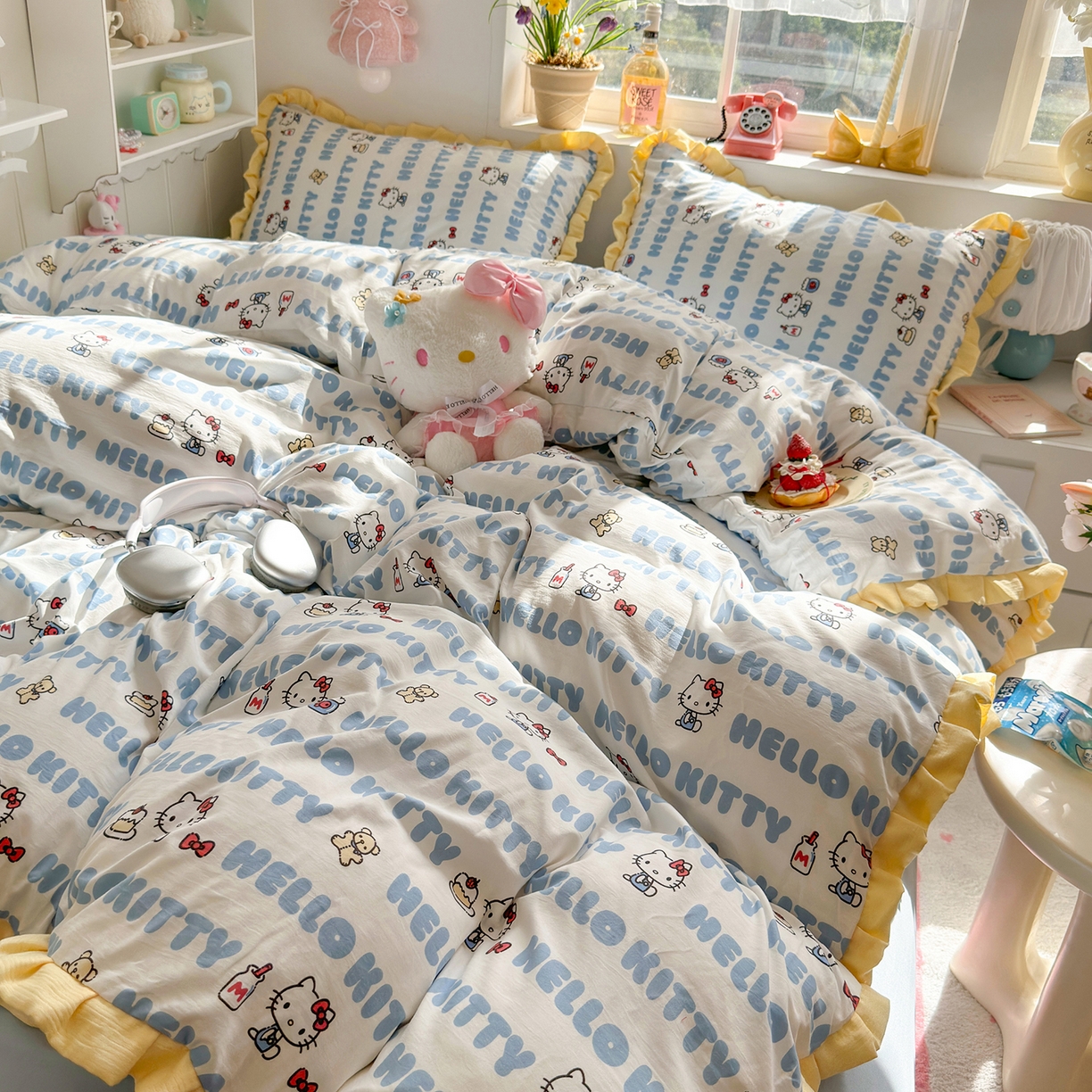 91家纺网 家纺一手货源 找家纺 星禾优选 2025新款三丽鸥加厚水洗双层纱花边款四件套 kt酪-蓝