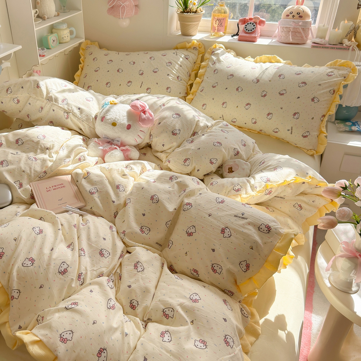 91家纺网 家纺一手货源 找家纺 星禾优选 2025新款三丽鸥加厚水洗双层纱花边款四件套 奶酪 kt