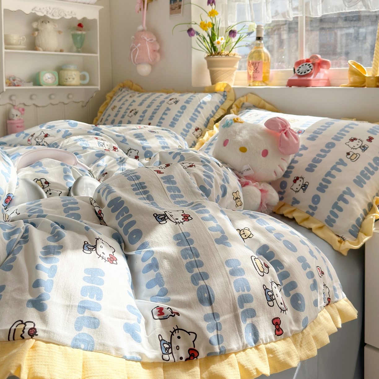 91家纺网 家纺一手货源 找家纺 星禾优选 2025新款三丽鸥加厚水洗双层纱花边款四件套 kt酪-蓝