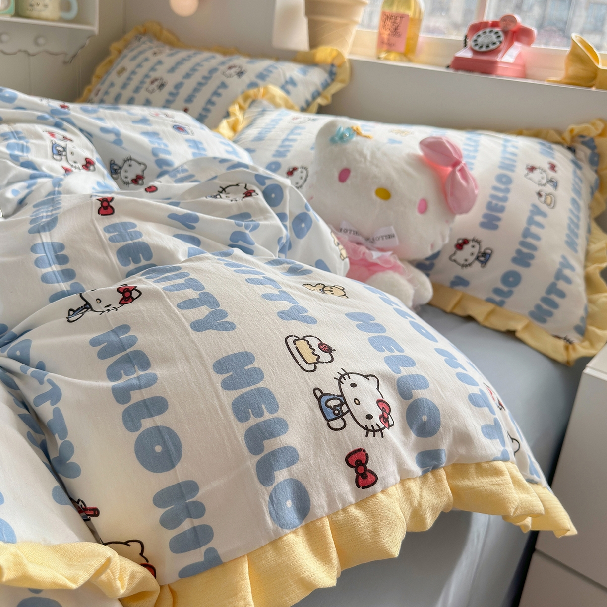 91家纺网 家纺一手货源 找家纺 星禾优选 2025新款三丽鸥加厚水洗双层纱花边款四件套 kt酪-蓝