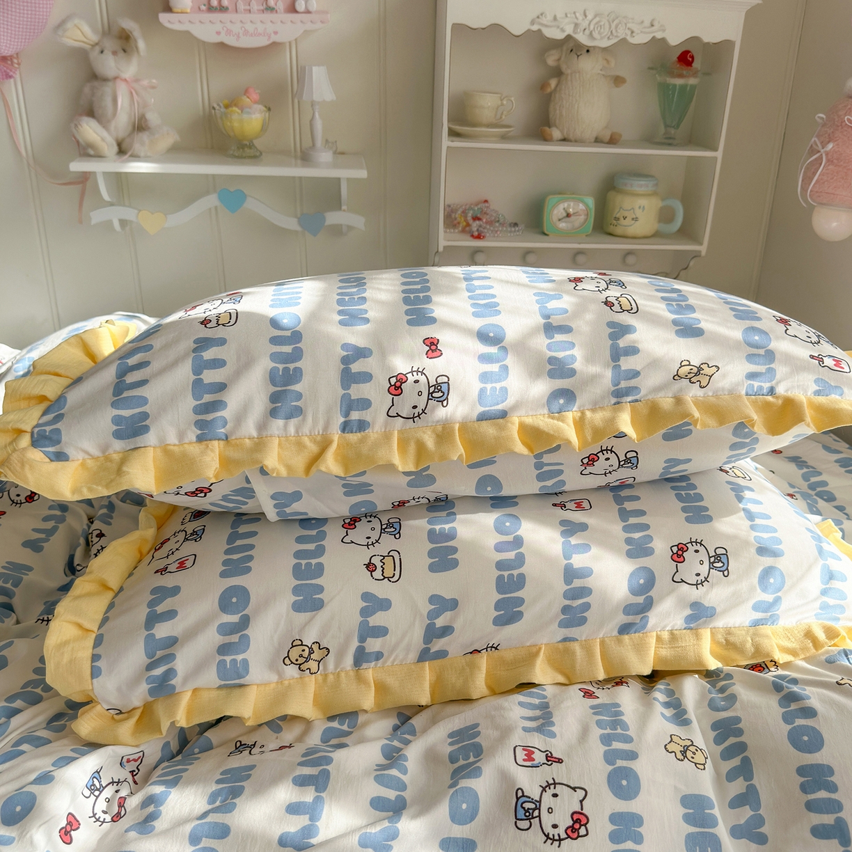 91家纺网 家纺一手货源 找家纺 星禾优选 2025新款三丽鸥加厚水洗双层纱花边款四件套 kt酪-蓝