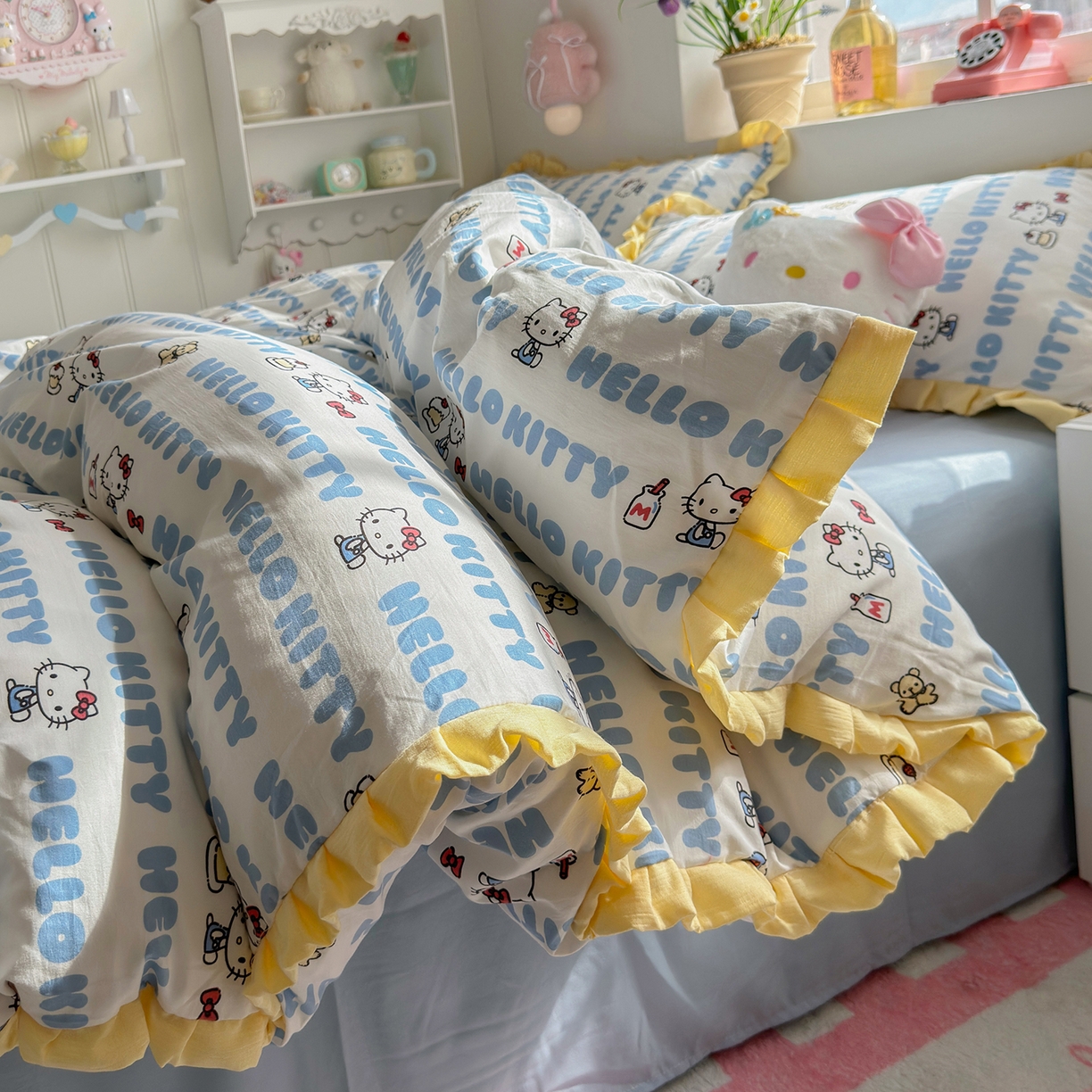 91家纺网 家纺一手货源 找家纺 星禾优选 2025新款三丽鸥加厚水洗双层纱花边款四件套 kt酪-蓝