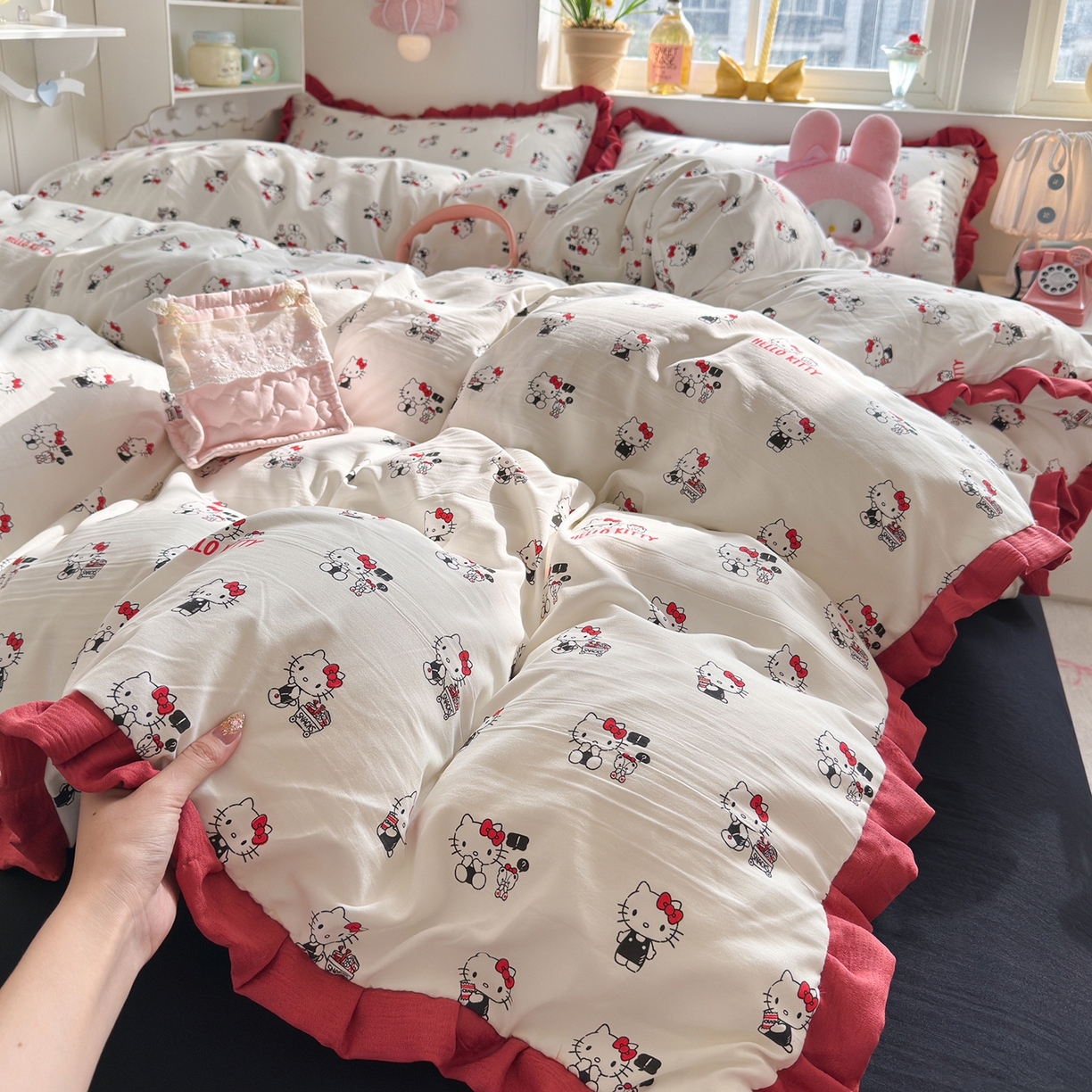 91家纺网 家纺一手货源 找家纺 星禾优选 2025新款三丽鸥加厚水洗双层纱花边款四件套 ky贩卖机