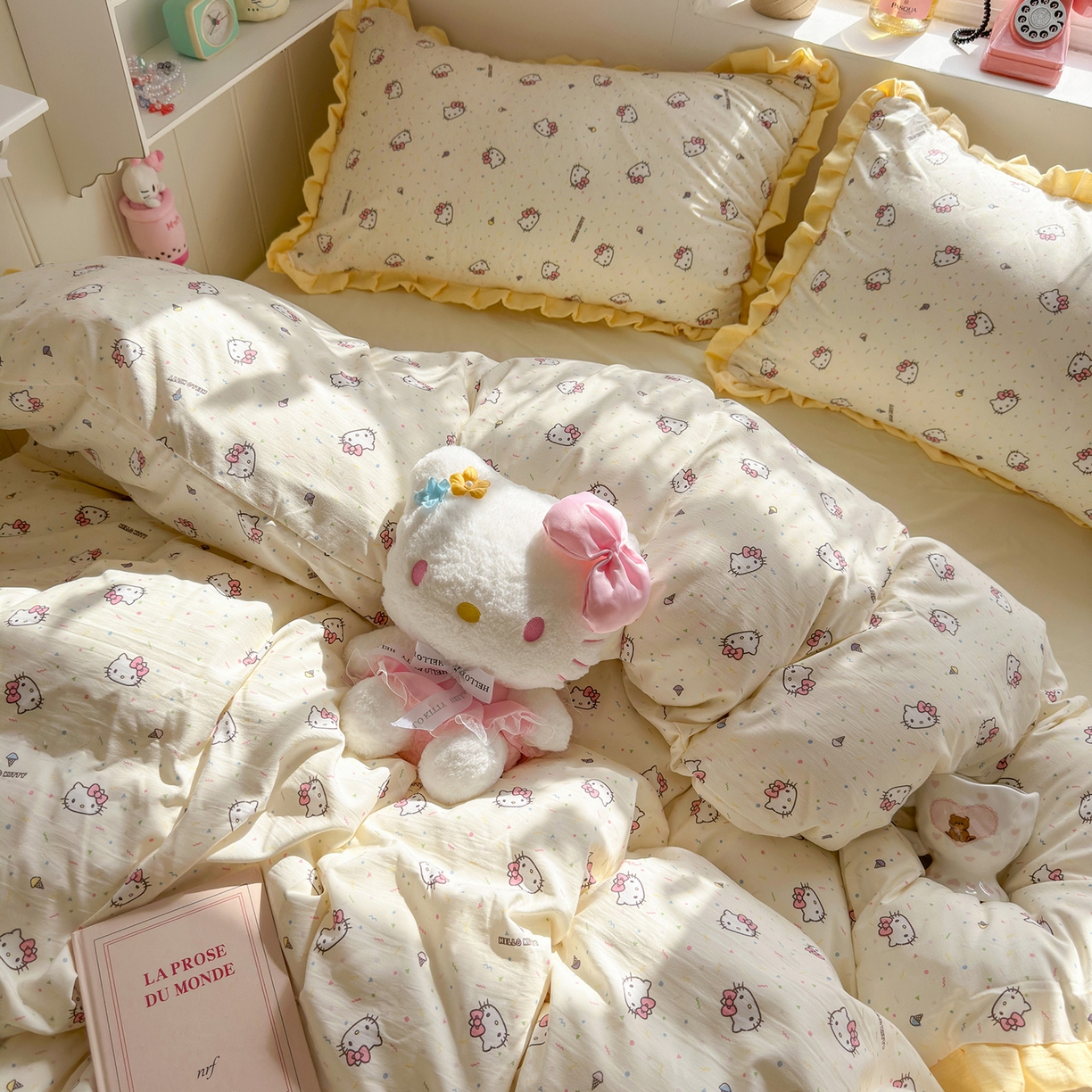 91家纺网 家纺一手货源 找家纺 星禾优选 2025新款三丽鸥加厚水洗双层纱花边款四件套 奶酪 kt