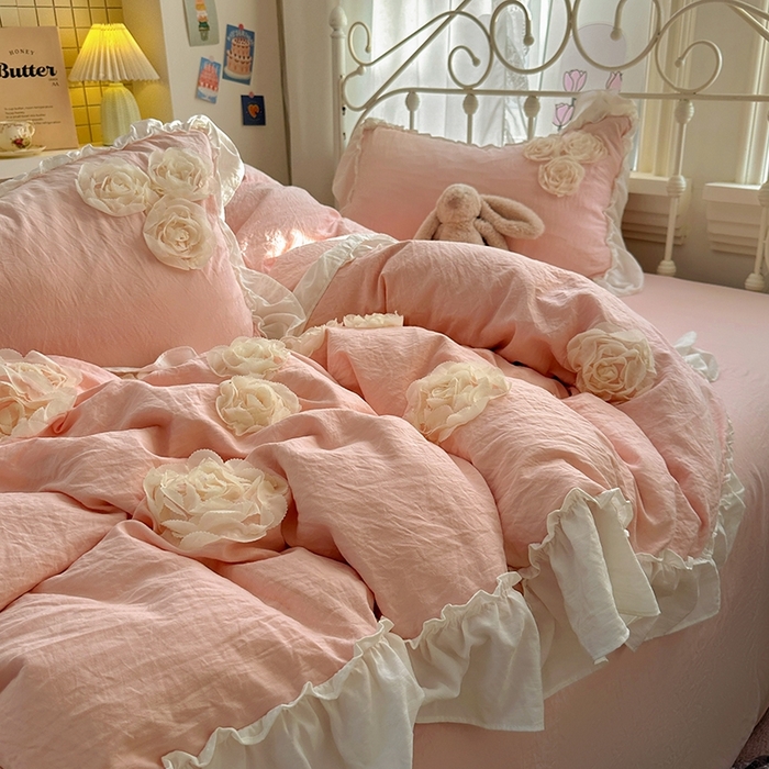 91家纺网 家纺一手货源 找家纺 （总）阿曼达 2025新款法式浪漫花边立体绣花水洗m四件套