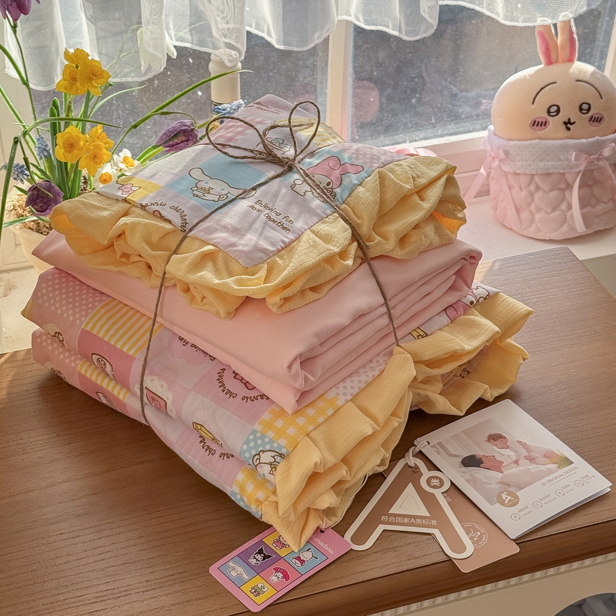 91家纺网 家纺一手货源 找家纺 星禾优选 2025新款三丽鸥加厚水洗双层纱花边款四件套 面包集合