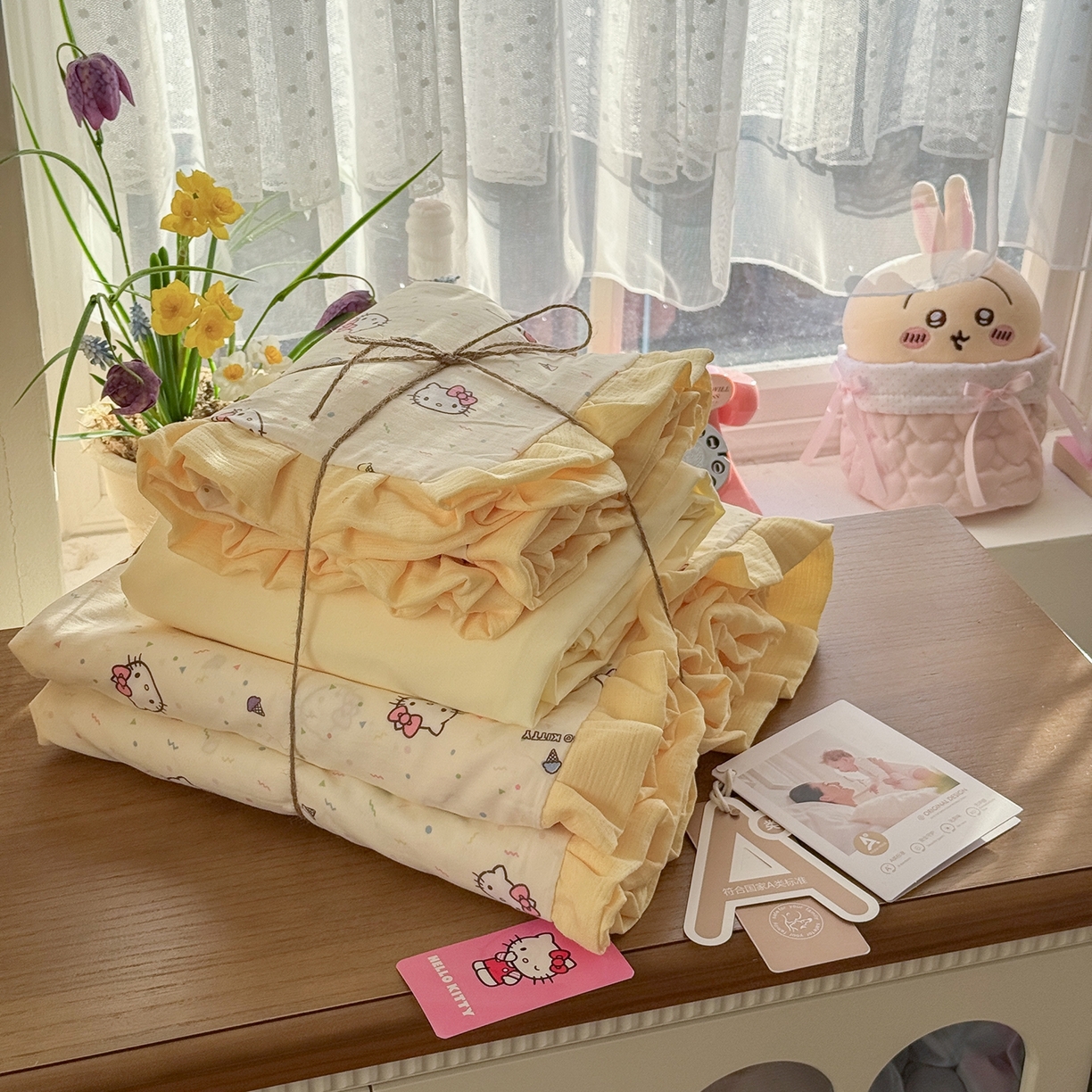 91家纺网 家纺一手货源 找家纺 星禾优选 2025新款三丽鸥加厚水洗双层纱花边款四件套 奶酪 kt