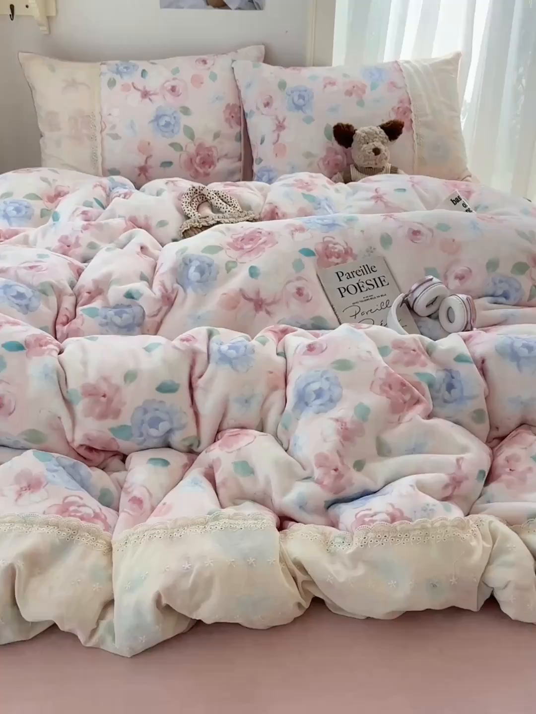 91家纺网 家纺一手货源 找家纺 桃子家居 2025新款A类蕾丝纯棉花边工艺花卉复古碎花加厚花边牛奶绒系列四件套 绒-蕾丝花香