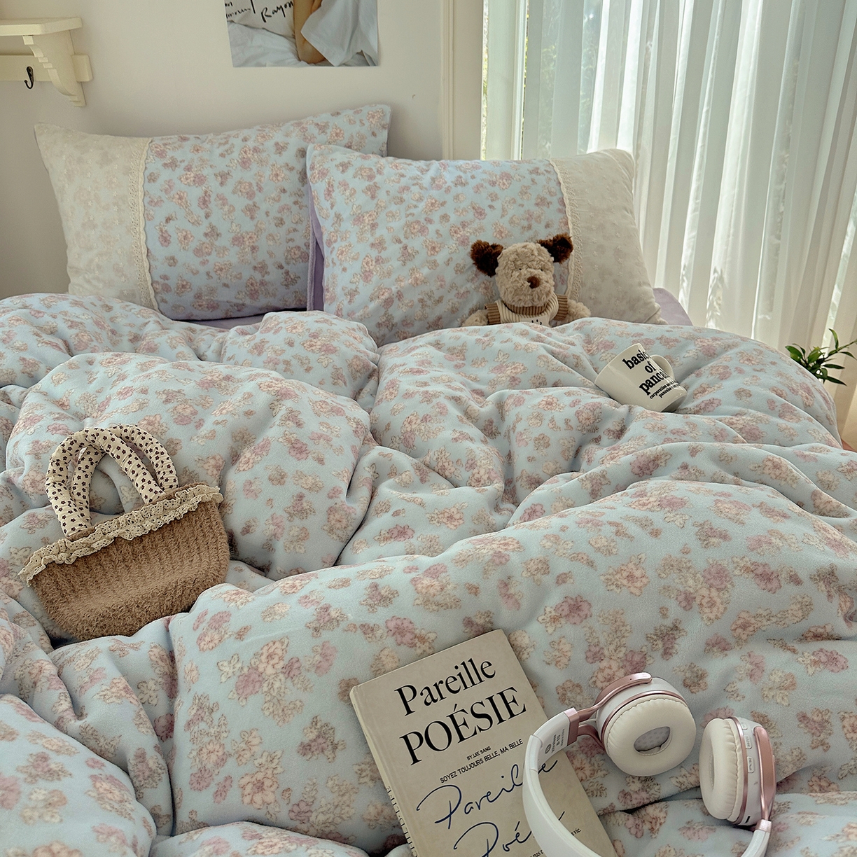 91家纺网 家纺一手货源 找家纺 桃子家居 2025新款A类蕾丝纯棉花边工艺花卉复古碎花加厚花边牛奶绒系列四件套 绒-蕾丝岚梦