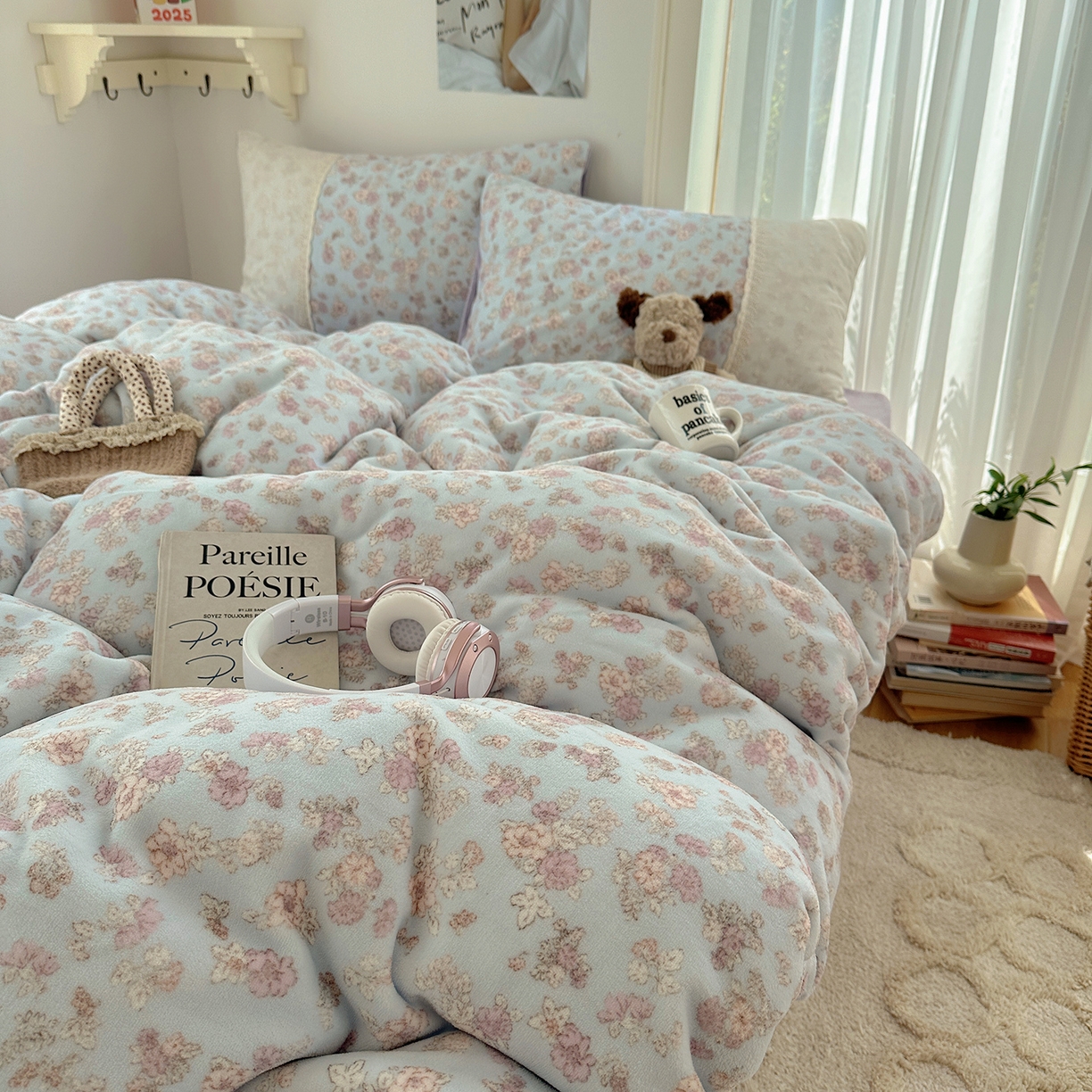 91家纺网 家纺一手货源 找家纺 桃子家居 2025新款A类蕾丝纯棉花边工艺花卉复古碎花加厚花边牛奶绒系列四件套 绒-蕾丝岚梦