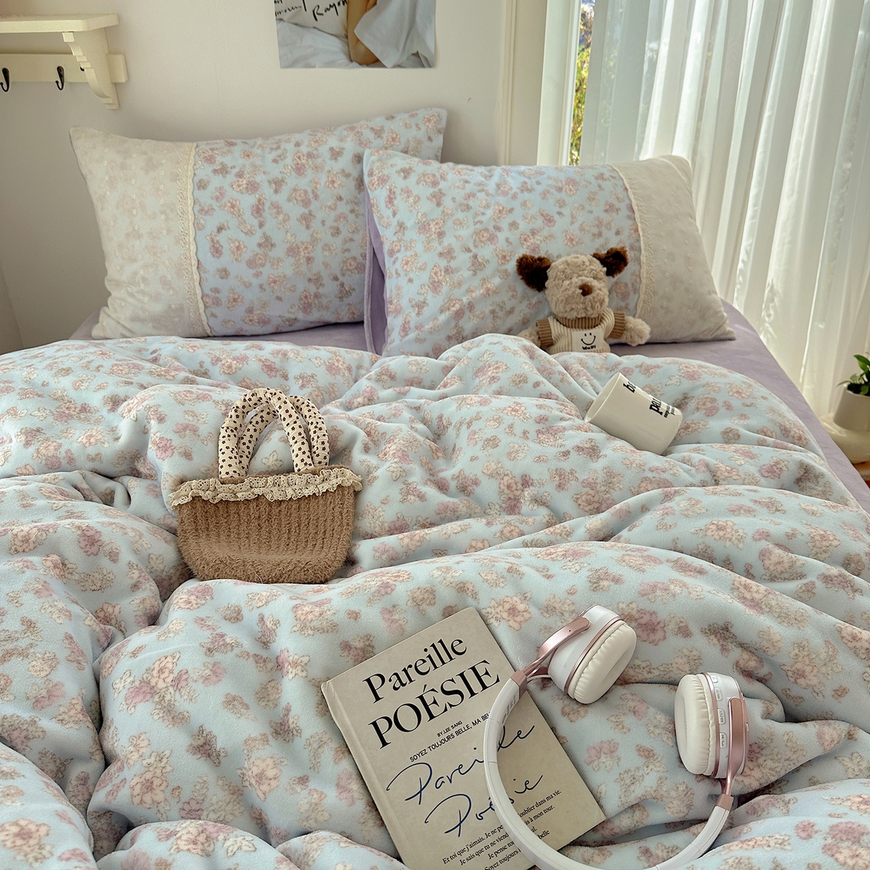 91家纺网 家纺一手货源 找家纺 桃子家居 2025新款A类蕾丝纯棉花边工艺花卉复古碎花加厚花边牛奶绒系列四件套 绒-蕾丝岚梦