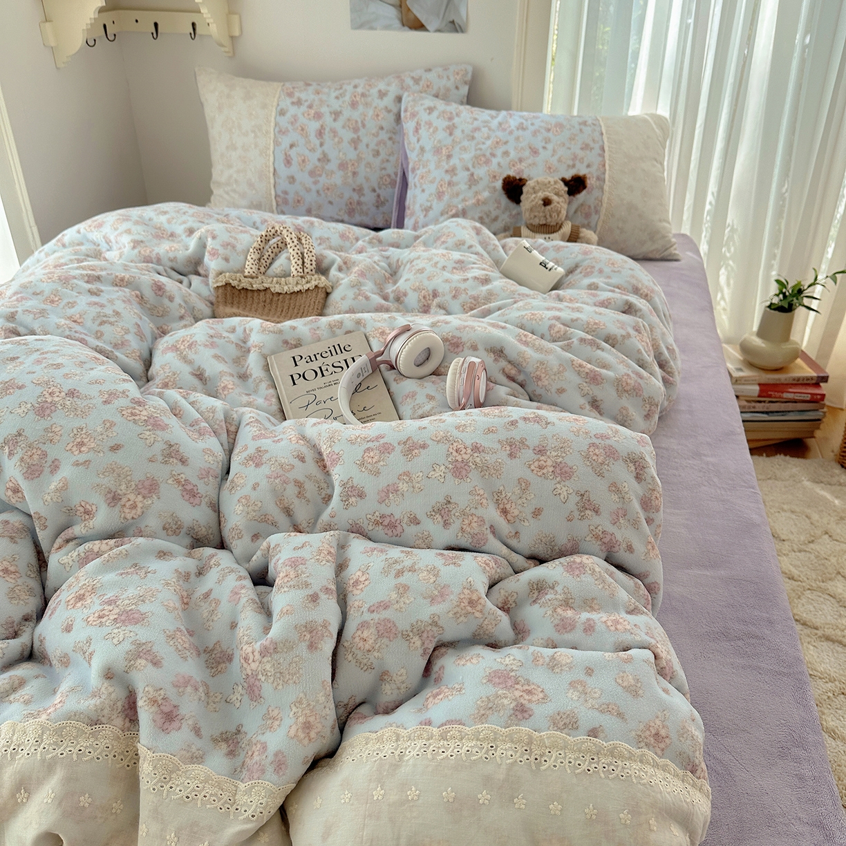 91家纺网 家纺一手货源 找家纺 桃子家居 2025新款A类蕾丝纯棉花边工艺花卉复古碎花加厚花边牛奶绒系列四件套 绒-蕾丝岚梦