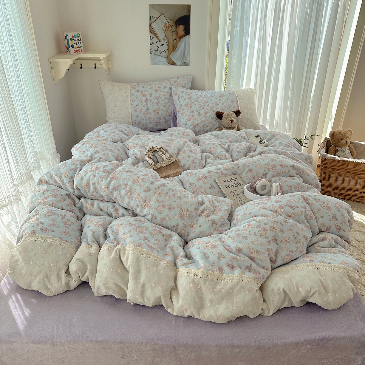 91家纺网 家纺一手货源 找家纺 桃子家居 2025新款A类蕾丝纯棉花边工艺花卉复古碎花加厚花边牛奶绒系列四件套 绒-蕾丝岚梦