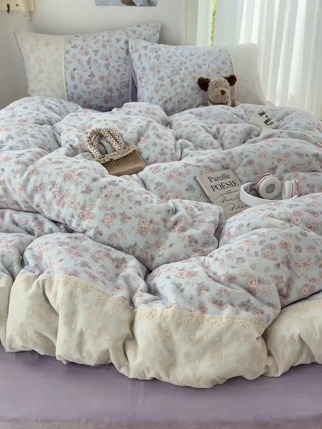 91家纺网 家纺一手货源 找家纺 桃子家居 2025新款A类蕾丝纯棉花边工艺花卉复古碎花加厚花边牛奶绒系列四件套 绒-蕾丝岚梦